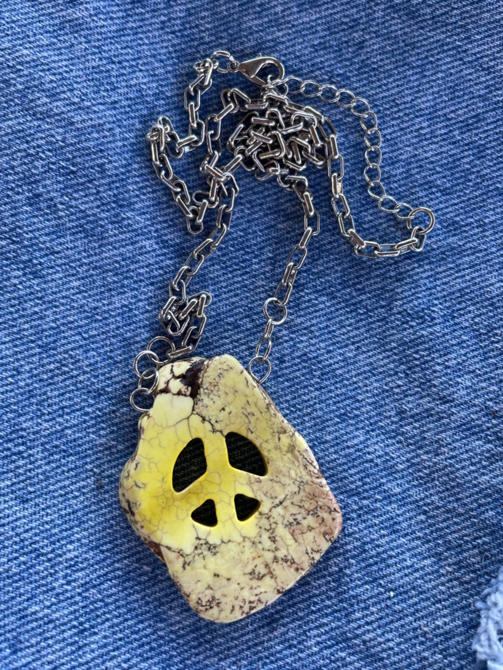 Yellow Peace Sign Stone Pendant on Silver-Toned Chain